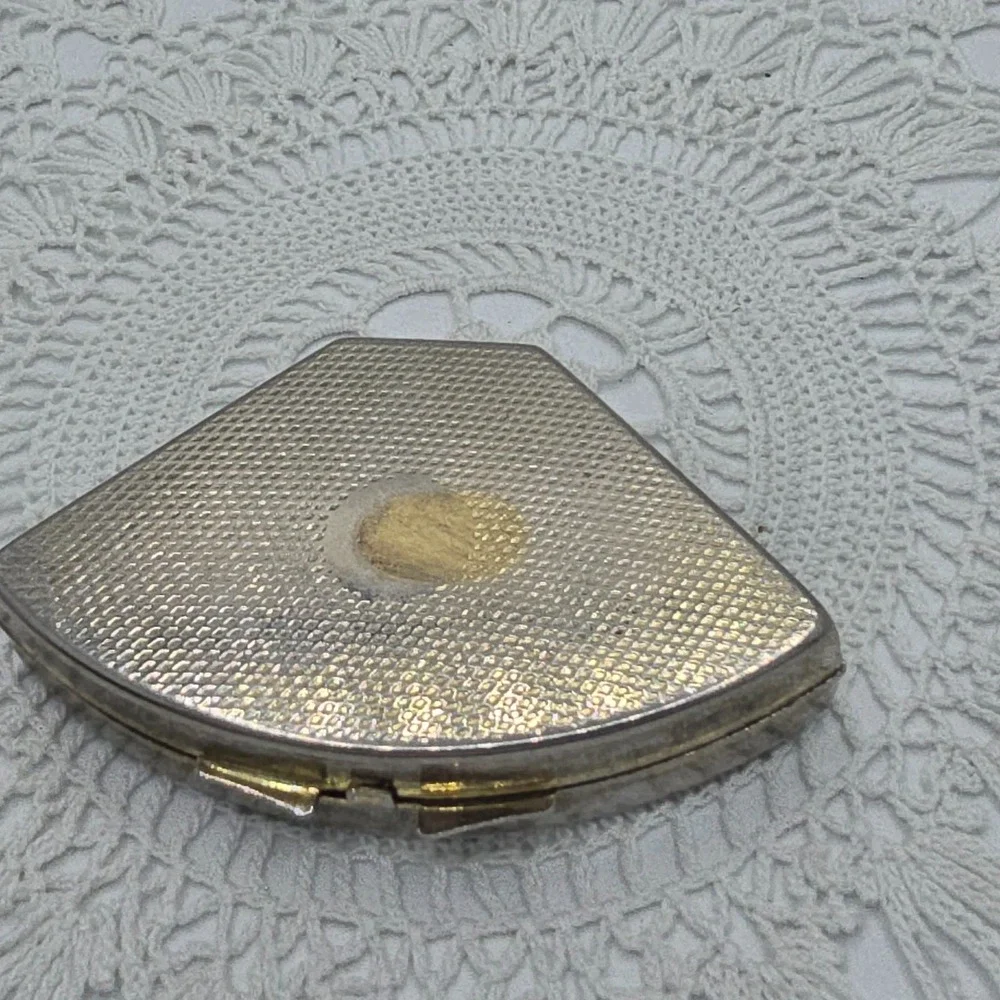 Vintage Pill Box Hong Kong Mixed Metals Gold Tone Sunburst Triangular Compact
